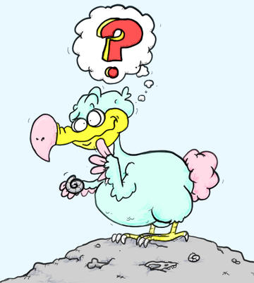 Cartoon dodo with 'question mark' thought bubble