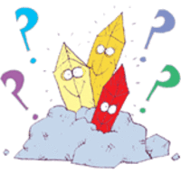 Three smiling minerals with question marks